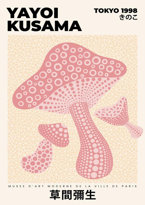 Illustration of pink dotted mushrooms inspired by Yayoi Kusama on a beige background, with text details above and below.