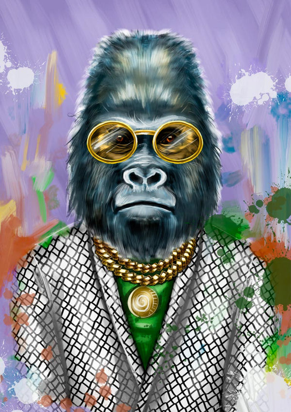 Stylish gorilla in sunglasses, gold chains, and patterned suit against a colorful abstract background.