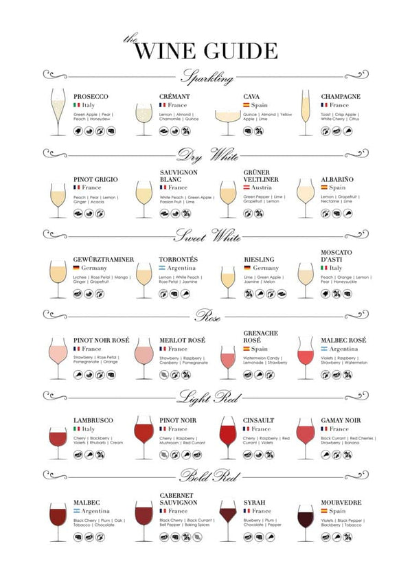 Wine guide poster displaying various wine types, glass shapes, and ideal food pairings.