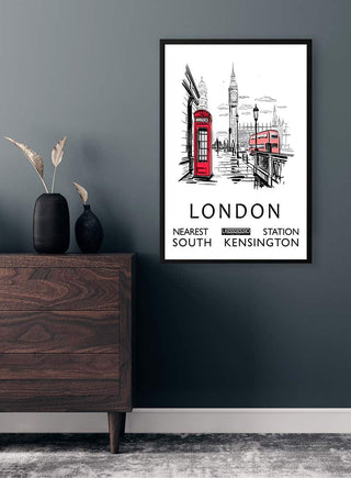 Framed London By Plakat poster featuring a red phone box, bus, and Big Ben in a modern living room.