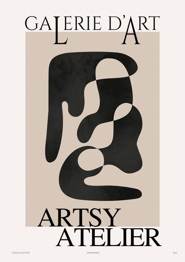 Abstract black shapes on a beige background, with "GALERIE D'ART" and "ARTSY ATELIER" text above and below.