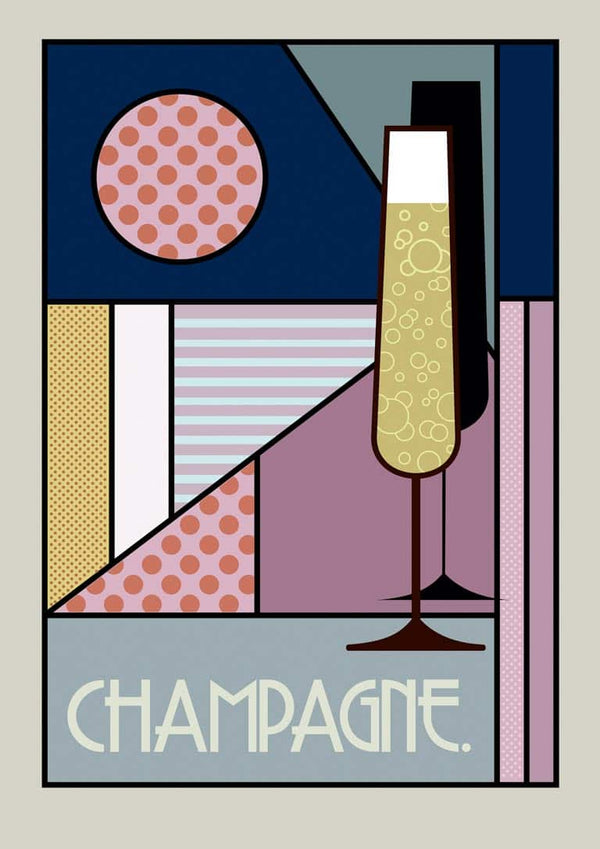 Geometric art poster showing a champagne glass and the word "CHAMPAGNE" in bold letters.