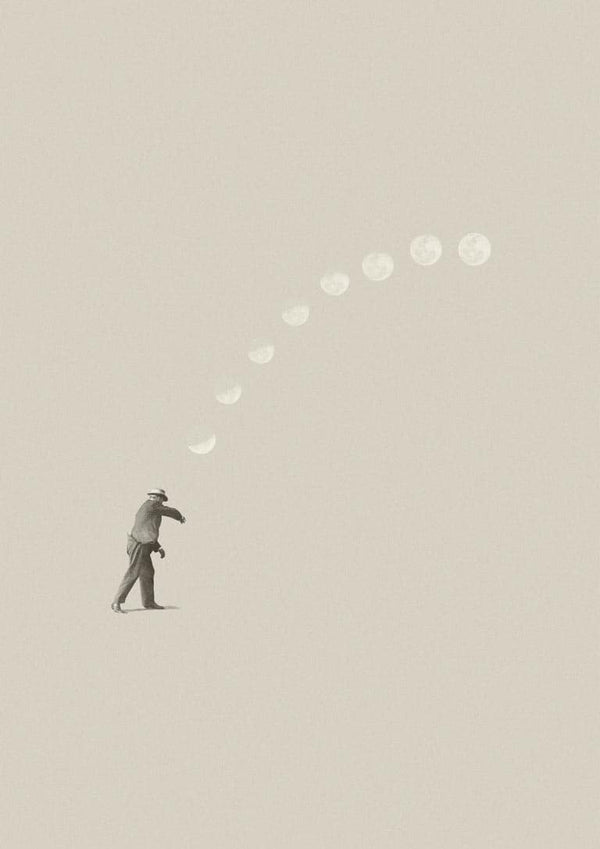 A man tossing a white ball in an arc, minimalistic style. Product: Lucky shot by Maarten Léon.