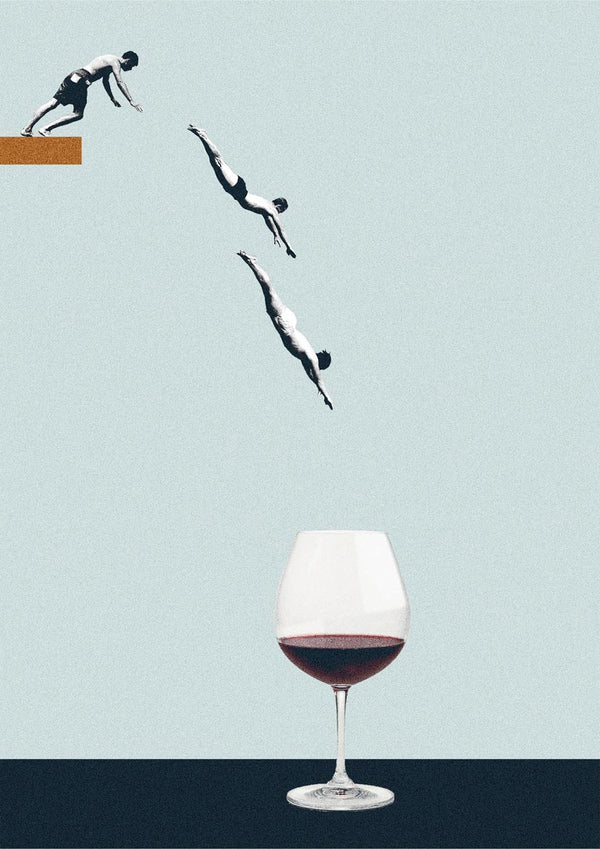 Surreal art of divers plunging into a glass of red wine, from "Your best friends forget you get old."