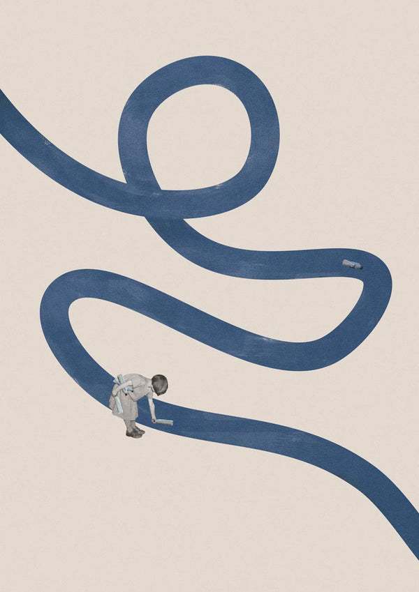 A person cleans a winding blue river on a minimalist beige background. River cleanse by Maarten Léon.