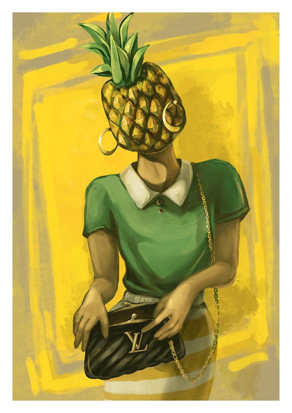 Illustration of a woman with a pineapple head, gold earrings, green top, and holding a designer handbag.