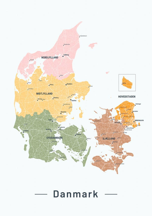 Colored map poster of Denmark with labeled regions and a small inset showing Hovedstaden.