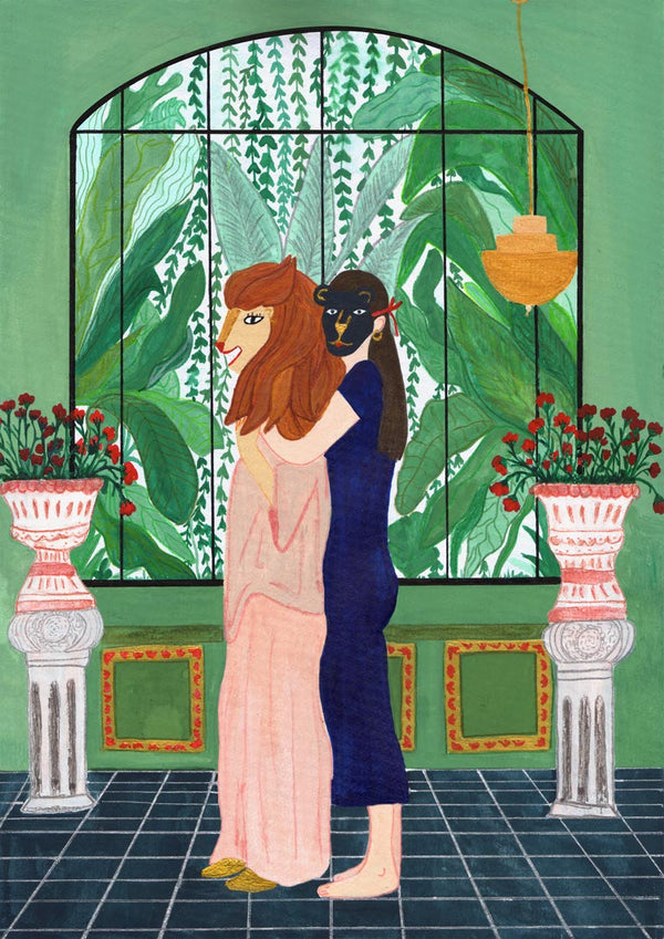 Illustration of a lion-headed mother and child embracing in front of a large window with lush green plants.