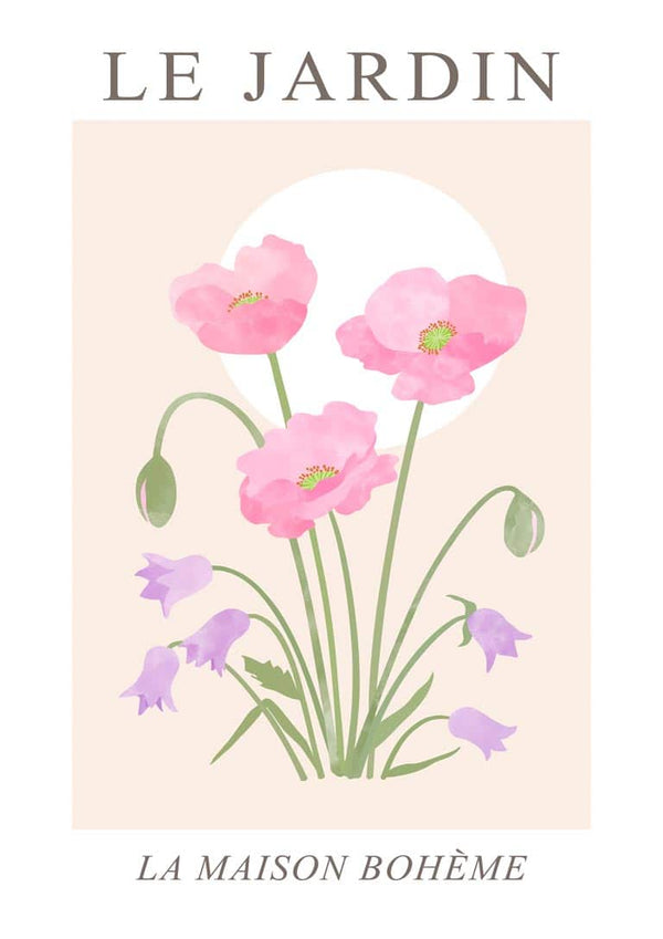 Poster featuring pink poppies and purple flowers with "Le Jardin" text above and "La Maison Bohème" below.