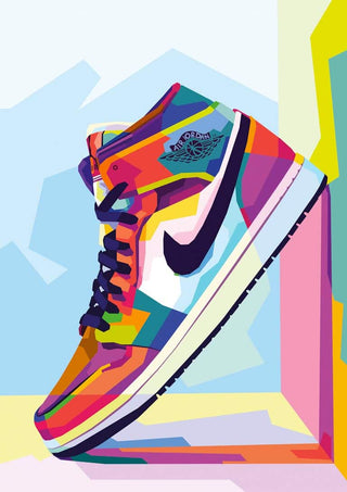 Colorful graphic Air Jordan sneaker illustration with bold geometric shapes and vibrant hues, featured on Air Jordan Plakat.