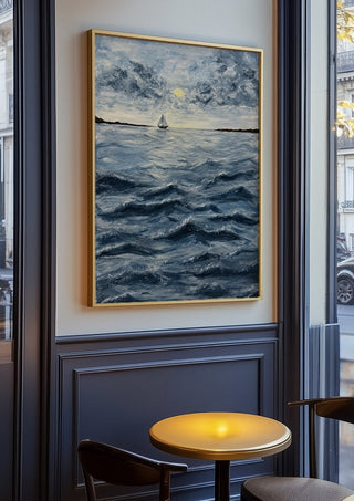 Ocean for my sister by Maya in an oak frame on a panelled café wall