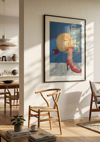 Memory of a conch girl by NeReid in a black frame in a bright dining room with wooden chairs