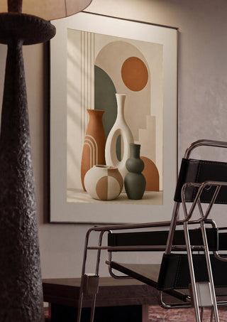 Bohemian Ceramic Vases – Terracotta & Geometric Harmony by TimlessArtworks framed in a dim room beside a tubular steel chair