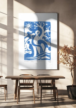 Schnitt durch den Hain · Cut Through the Grove by ELIZA Leopold hanging above a wooden dining table in warm sunlight
