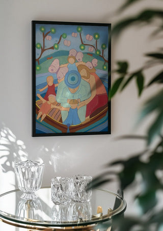 Family boat trip by Gerard Ceulemans in a black frame above a glass table with crystal glassware