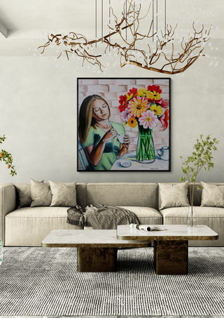 Peaceful Morning by Nella Hajdu in a black frame above a beige sofa under a branch chandelier