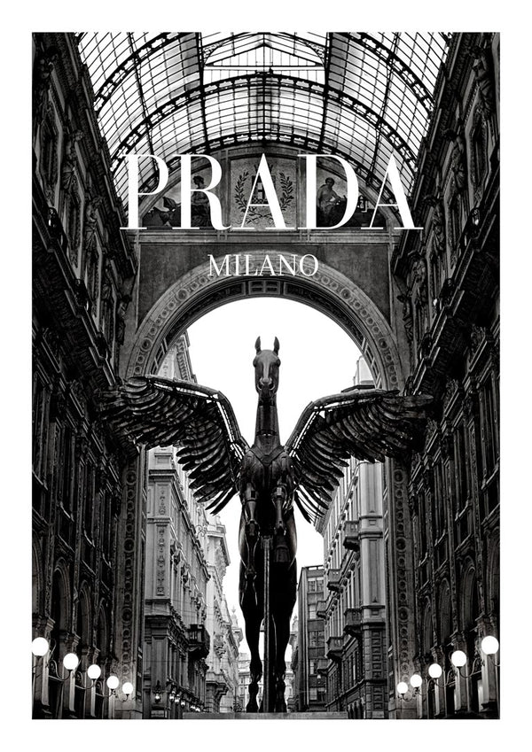 Black and white photo of a winged horse statue under an archway with "PRADA MILANO" text above.