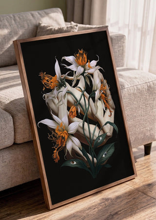 A matter of perspective by Rocio Montoya in a walnut frame leaning against a grey sofa