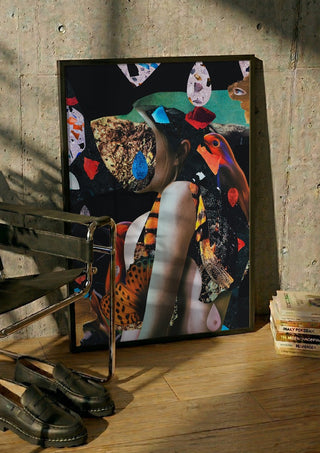 When the door slammed shut by Rocio Montoya in a black frame leaning against a concrete wall by a steel chair