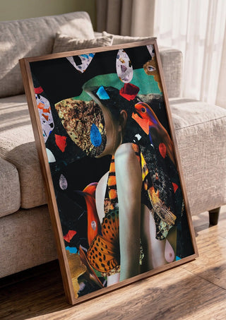 When the door slammed shut by Rocio Montoya in a walnut frame leaning against a grey sofa