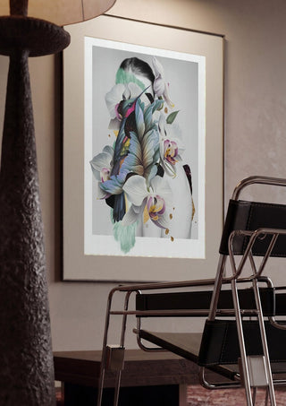 Blue Nostalgia by Rocio Montoya framed in a dim room beside a tubular steel chair