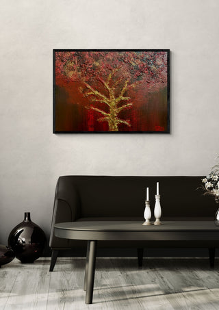 Strength by Jenyliza Kleemeyer in a black frame above a dark sofa with candlesticks and a vase
