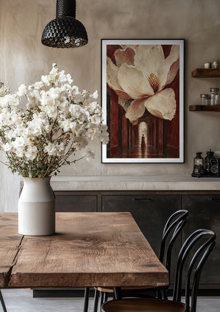 Magnolia in the Hall by Matthews Gallerie in a black frame above a rustic table with white flowers