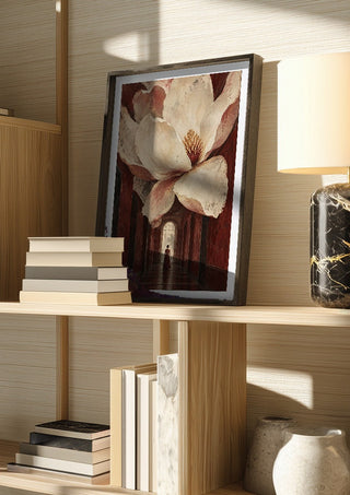 Magnolia in the Hall by Matthews Gallerie in a dark frame on a wooden shelf beside books and a lamp