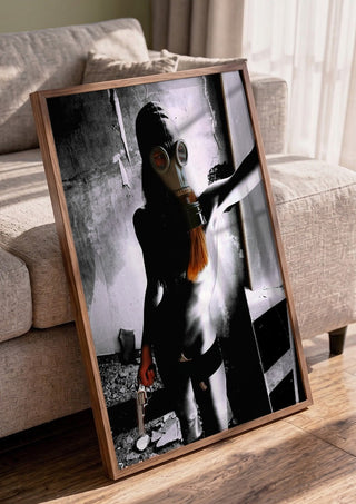 Beauty The Beast by Pelecan Schneider in a walnut frame leaning against a grey sofa