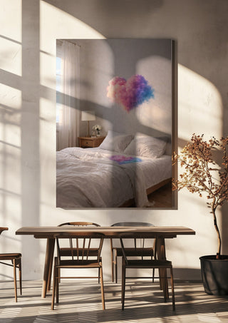 A Private Weather by Haris Delic hanging above a wooden dining table in warm sunlight
