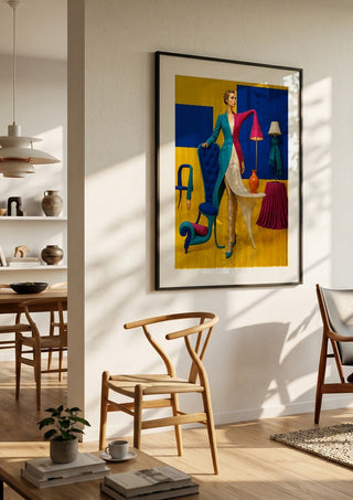 The Room That Wore Her by Haris Delic in a black frame in a bright dining room with wooden chairs