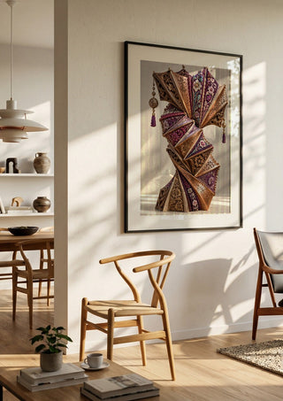 The Unfolding Archive by Haris Delic in a black frame in a bright dining room with wooden chairs