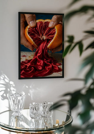 Unfolding Scarlet by Haris Delic in a black frame above a glass table with crystal glassware