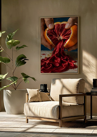 Unfolding Scarlet by Haris Delic framed above a beige armchair beside a potted plant