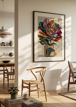 Paper Bloom by Haris Delic in a black frame in a bright dining room with wooden chairs