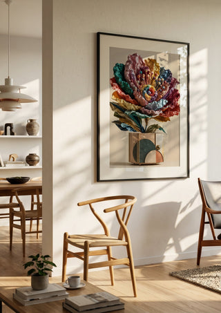 Paper Bloom by Haris Delic in a black frame in a bright dining room with wooden chairs