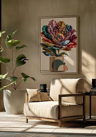 Paper Bloom by Haris Delic framed above a beige armchair beside a potted plant