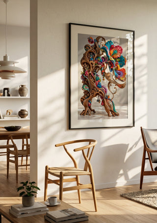 The Garden That Remembered by Haris Delic in a black frame in a bright dining room with wooden chairs