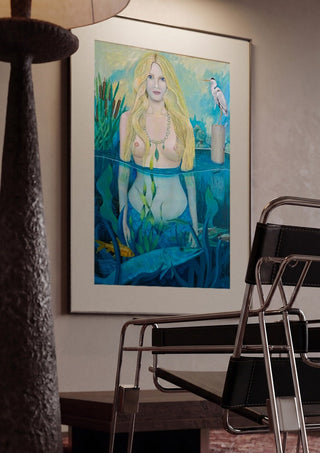 Die Tochter des Wassermann by Andreas Pohle framed in a dim room beside a tubular steel chair