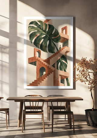 The Green Staircase by Matthews Gallerie hanging above a wooden dining table in warm sunlight