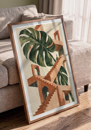 The Green Staircase by Matthews Gallerie in a walnut frame leaning against a grey sofa