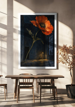 Poppy After Midnight by Matthews Gallerie hanging above a wooden dining table in warm sunlight