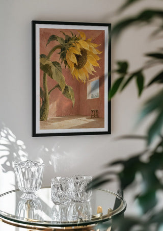 A Window for the Sun by Matthews Gallerie in a black frame above a glass table with crystal glassware