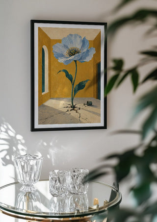 The Room That Bloomed by Matthews Gallerie in a black frame above a glass table with crystal glassware