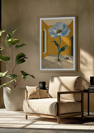 The Room That Bloomed by Matthews Gallerie framed above a beige armchair beside a potted plant