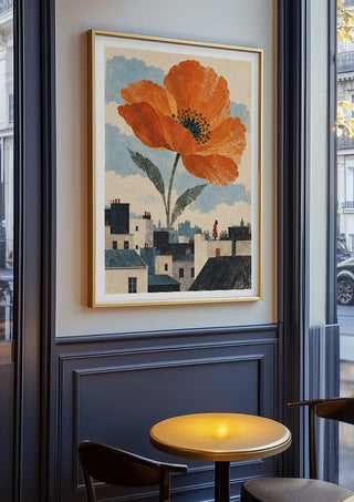 Blooming Above the Roofs by Matthews Gallerie in an oak frame on a panelled café wall