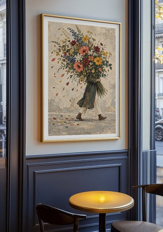 Carrying Spring by Matthews Gallerie in an oak frame on a panelled café wall