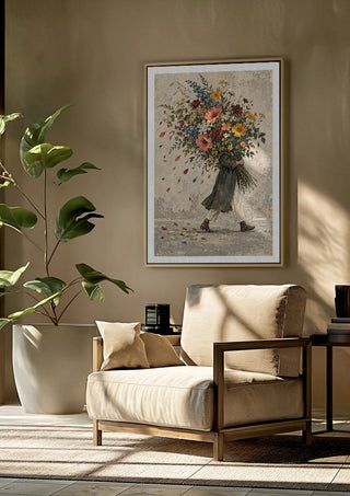 Carrying Spring by Matthews Gallerie framed above a beige armchair beside a potted plant