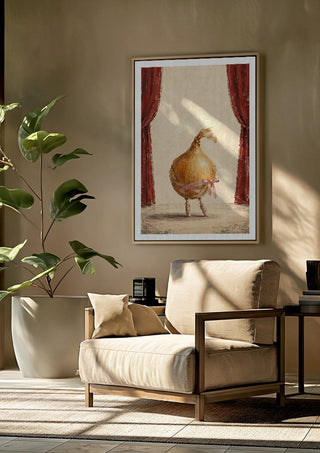 The Onion’s Last Dance by Matthews Gallerie framed above a beige armchair beside a potted plant