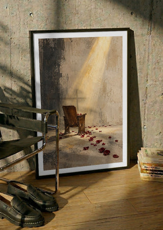 After the Applause by Matthews Gallerie in a black frame leaning against a concrete wall by a steel chair
